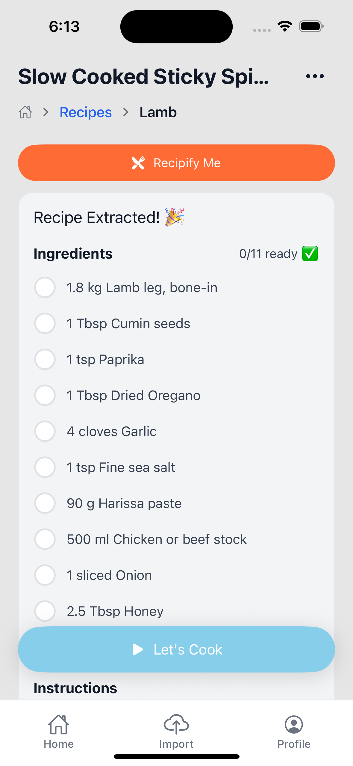 Recipe extraction showing ingredients